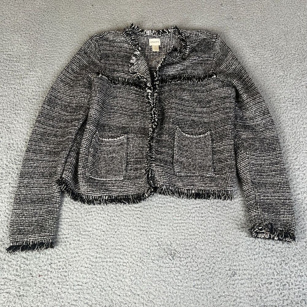 CHICO'S Jacket Women 1 M Black White Knit Gold Metallic Fringe Textured Pockets